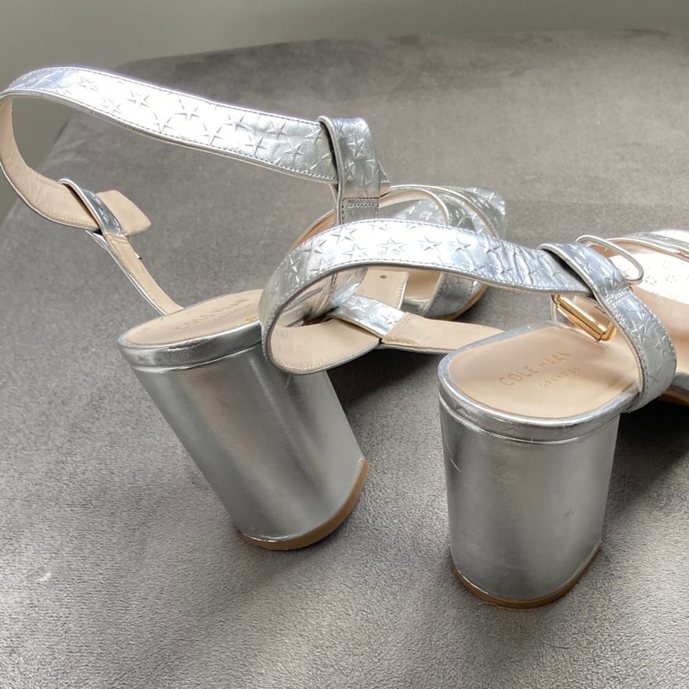 Brand new Cole Han silver chunky heel shoes. Worn once pretty much brand new